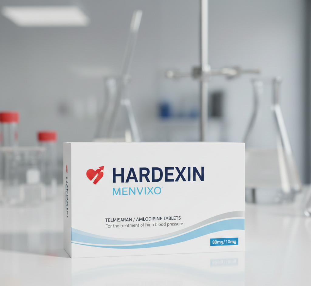 Hardexin természetes vérnyomás támogató kapszula doboz, modern orvosi csomagolásban, zöld és fehér színekkel, professzionális egészségügyi termék fotó